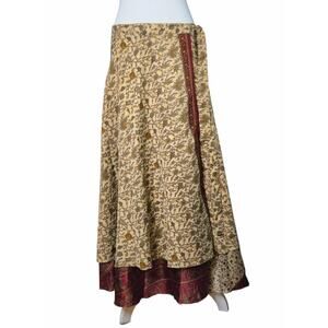 Romantic Cottagecore Floral Silk True Wrap Maxi Skirt Beige Maroon Earthbound